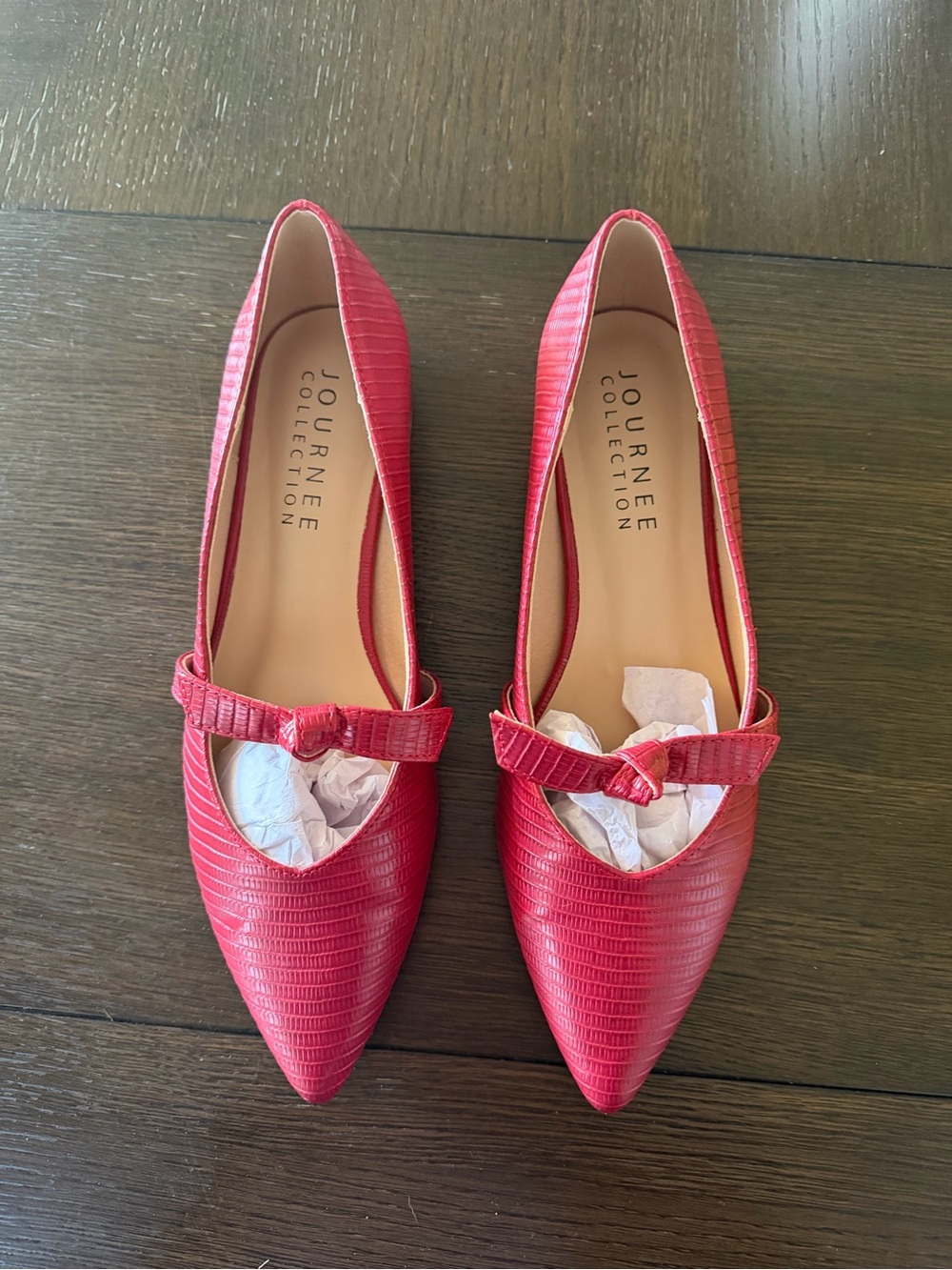 Journee Collection Red Textured Pointed Bow Flats